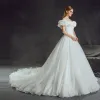 Stunning Cinderella Wedding Dresses 2017 A-Line / Princess Off-The-Shoulder Short Sleeve Butterfly Backless Ruffle White Organza Chapel Train