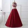 Sparkly 2 Piece Burgundy Prom Dresses 2017 A-Line / Princess Scoop Neck Sleeveless Beading Crystal Rhinestone Floor-Length / Long Satin Formal Dresses
