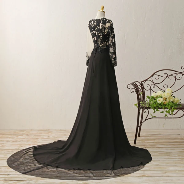 Stunning Pierced Black Evening Dresses 2017 A-Line / Princess Scoop Neck Long Sleeve Appliques Lace Chiffon Formal Dresses Chapel Train