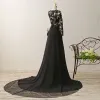 Stunning Pierced Black Evening Dresses  2017 A-Line / Princess Scoop Neck Long Sleeve Appliques Lace Chiffon Formal Dresses Chapel Train