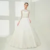 Elegant White Ball Gown Wedding Dresses 2017 Scoop Neck Long Sleeve Appliques Lace Beading Pearl Metal Sash Floor-Length / Long