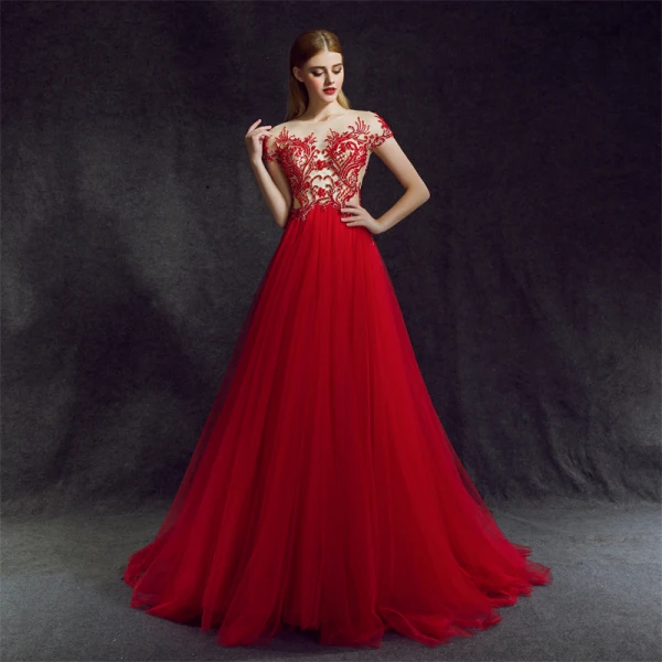 Stunning Red Evening Dresses 2018 A-Line / Princess Scoop Neck Zipper Up Beading Floor-Length / Long Ruffle Tulle Formal Dresses