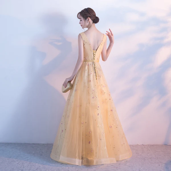 Chic / Beautiful Gold Evening Dresses  2017 A-Line / Princess V-Neck Tulle Backless Appliques Evening Party Prom Dresses