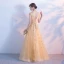Chic / Beautiful Gold Evening Dresses  2017 A-Line / Princess V-Neck Tulle Backless Appliques Evening Party Prom Dresses