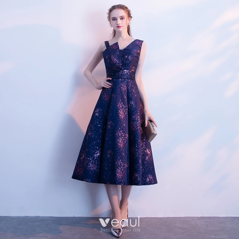 violet graduation dress Shiny V Neck Purple Long Prom Dresses, V Neck Purple Fluffy Formal  Graduation Dresses main image 1