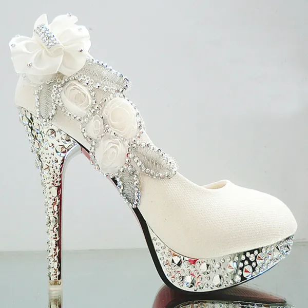 Hermoso Blanco 2018 Boda 11 cm Tacones High Heels Rebordear Crystal Flor Rhinestone Noche Gala Stilettos / Tacones De Aguja Zapatos de novia