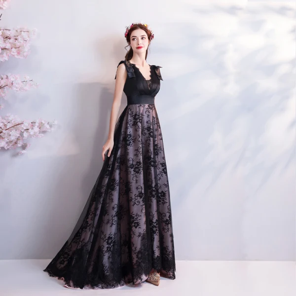 Chic / Beautiful Black 2018 Summer Evening Dresses V-Neck Tulle Lace-up Sleeveless A-Line / Princess Floor-Length / Long Crossed Straps Backless Printing Evening Party Formal Dresses