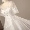 Luxury / Gorgeous Ivory 2018 Wedding Crossed Straps Lace Tulle U-Neck 1/2 Sleeves Appliques Backless Beading Summer Ball Gown Wedding Dresses