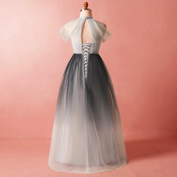 Chic / Belle Gris Grande Taille Robe De Soirée 2018 Princesse Tulle Col Haut Bretelles croisées Appliques Dos Nu Été Soirée Robe De Ceremonie