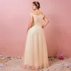 Classic Elegant Champagne Plus Size Evening Dresses  2018 Tulle Lace-up V-Neck A-Line / Princess Appliques Backless Spring Evening Party Formal Dresses
