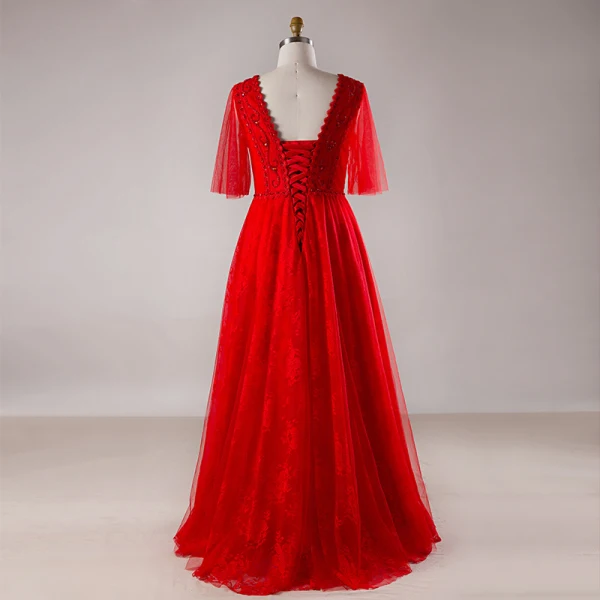Luxury / Gorgeous Red Plus Size Evening Dresses 2018 A-Line / Princess V-Neck Tulle Lace-up Beading Backless Crystal Evening Party Prom Dresses