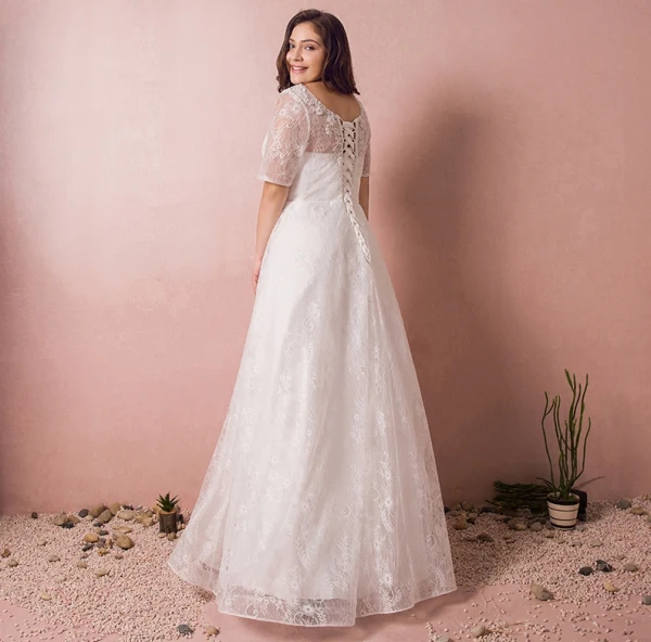 Snygga / Fina Elfenben Extra Stor Storlek Bröllopsklänningar 2018 Prinsessa Tyll U-Hals Snörning Beading Appliqués Halterneck Bröllop
