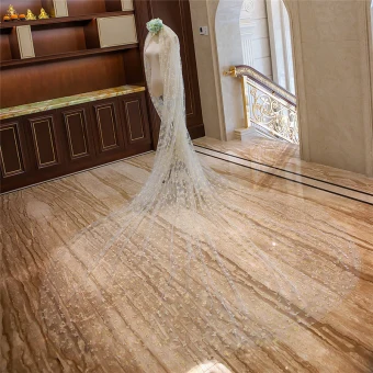 Lovely White Gold Royal Train Wedding 2018 Tulle Appliques Sequins 4 M Wedding Veils