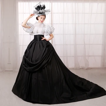 Vintage Retro Ball Gown Black White Prom Dresses 2018 High Neck Tulle Chapel Train Puffy Zipper Buttons Beading Formal Dresses