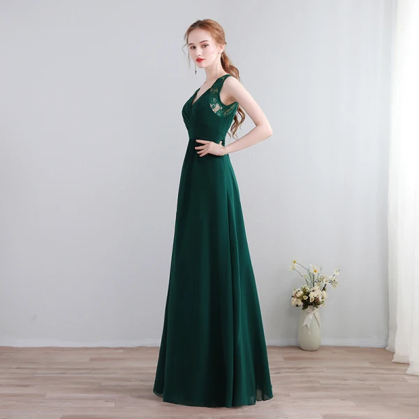 Modest / Simple Dark Green Floor-Length / Long Evening Dresses 2018 A-Line / Princess V-Neck Chiffon Lace-up Backless Evening Party Formal Dresses