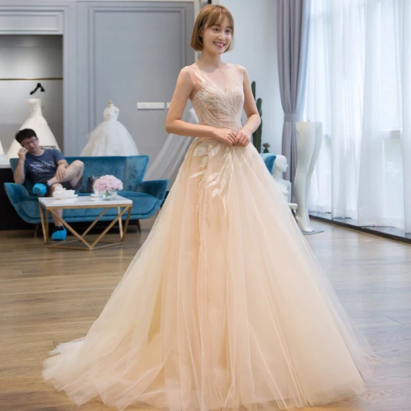 Chic / Beautiful Champagne Tulle Wedding Dresses 2017 A-Line / Princess Scoop Neck Sleeveless Crossed Straps Appliques Lace Sweep Train