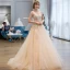 Chic / Beautiful Champagne Tulle Wedding Dresses 2017 A-Line / Princess Scoop Neck Sleeveless Crossed Straps Appliques Lace Sweep Train
