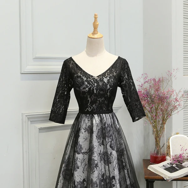 Flower Fairy Black Court Train Evening Dresses  2018 A-Line / Princess V-Neck Backless Printing Charmeuse Evening Party Prom Dresses