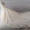 Classy Luxury / Gorgeous Ivory Cathedral Train Wedding 2018 Long Sleeve U-Neck Tulle Lace-up Appliques Backless Beading Pearl Handmade  Ball Gown Wedding Dresses