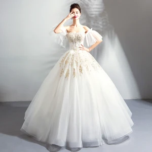 Luxe Longue Blanche Mariage 2018 Lacer Tulle Bustier Appliques Dos Nu Perlage Robe Boule Robe De Mariée