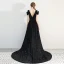 Chic / Belle Noire Princesse Robe De Soirée 2019 Mancherons V-Cou Cathedral Train Dos Nu Paillettes Polyester Soirée Robe De Ceremonie