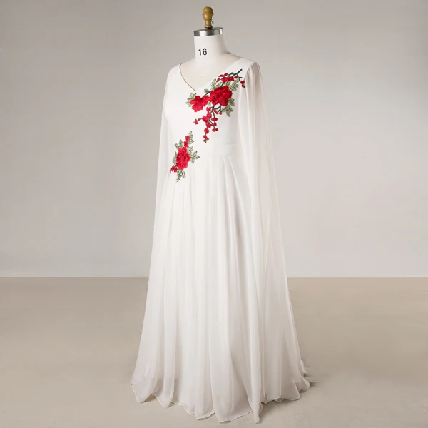 Chinese style White Plus Size Evening Dresses  2018 Zipper Up A-Line / Princess V-Neck Chiffon Embroidered Evening Party Formal Dresses