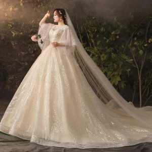 Sparkly Bling Bling Champagne Plus Size Wedding Dresses 2019 A Line Princess V Neck Tulle Glitter Sequins Chapel Train Wedding