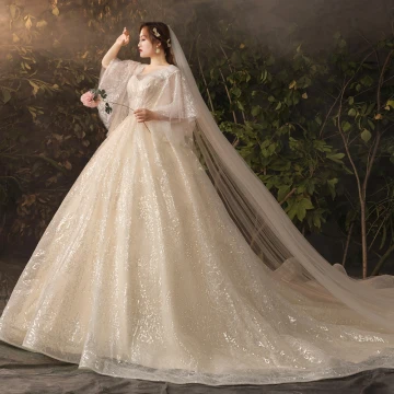 Scintillantes Bling Bling Champagne Grande Taille Robe De Mariée 2019 Princesse V Cou Tulle Glitter Paillettes Chapel Train Mariage