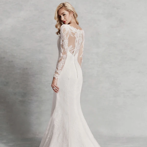 Modern / Fashion Sexy Ivory Wedding Dresses 2020 Trumpet / Mermaid V-Neck 3D Lace Long Sleeve Appliques Backless Embroidered Sweep Train Wedding