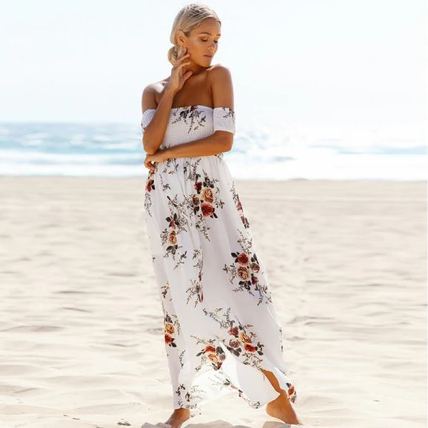 Mote Rødmende Rosa Te-lengde Maxikjoler 2018 Prinsesse Chiffon Brodert Printing Strapless Strand Dameklær