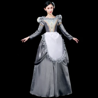 Vintage Retro Medieval Grey Ball Gown Prom Dresses 2021 U Neck Long Sleeve Floor Length Long Crossed Straps Lace Embroidered Cosplay Prom Formal Dresses