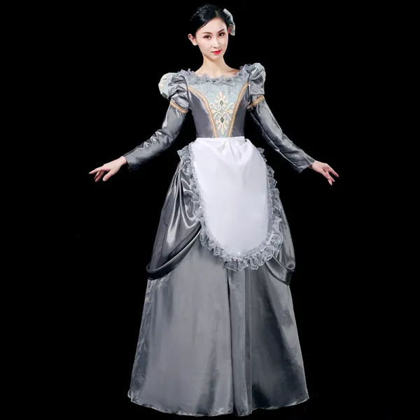 Vintage / Retro Medieval Grey Ball Gown Prom Dresses 2021 U-Neck Long Sleeve Floor-Length / Long Crossed Straps Lace Embroidered Cosplay Prom Formal Dresses