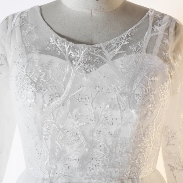 Chic / Belle Blanche Grande Taille Robe De Soirée 2020 Dentelle U-Cou Fait main Perlage Paillettes Brodé Bande Thé Longueur Soirée Été Manches Longues Princesse Robe De Ceremonie