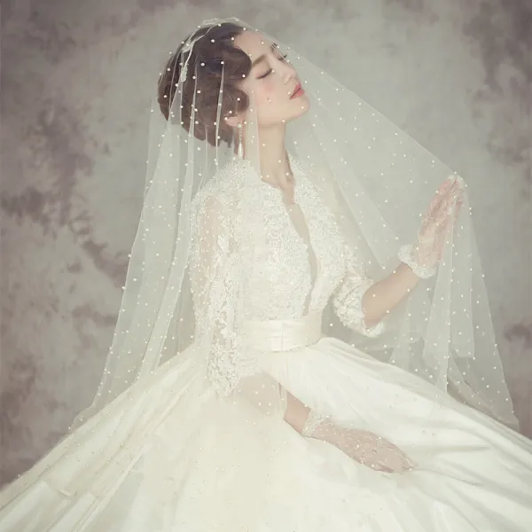 Classic Elegant White Wedding Veils 2020 3 m Tulle Beading Pearl Chapel Train Wedding