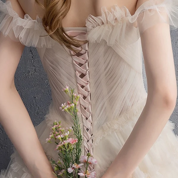 Colored Multi-Colors Wedding Dresses 2018 A-Line / Princess Off-The-Shoulder Short Sleeve Backless Ruffle Cathedral Train