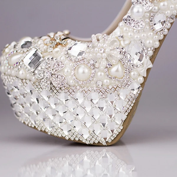 Fine 2017 14 cm Hvit Casual PU Krystall Rhinestone Høyhælte Stiletthæler Pumps Brudesko