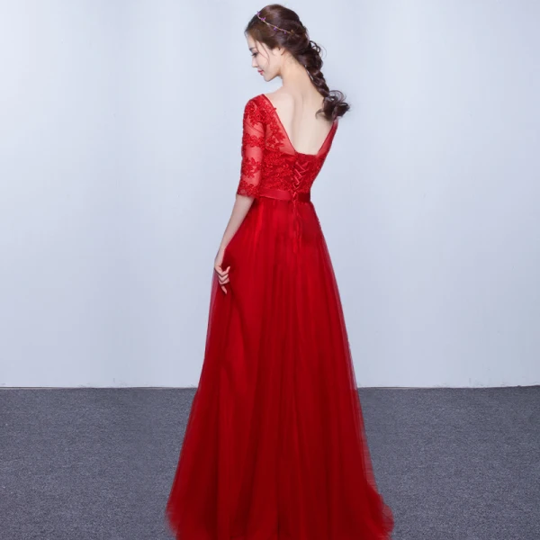 Chic / Beautiful 2017 3/4 Sleeve Candy Pink Red Crossed Straps Lace X-Strap Chiffon Lace U-Neck Cocktail Party Evening Party Summer Ball Gown Prom Dresses