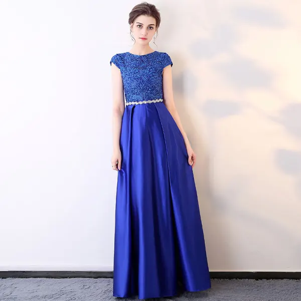 Affordable Royal Blue Evening Dresses  2017 Short Sleeve Beading Rhinestone Sash Ruffle Satin Formal Dresses