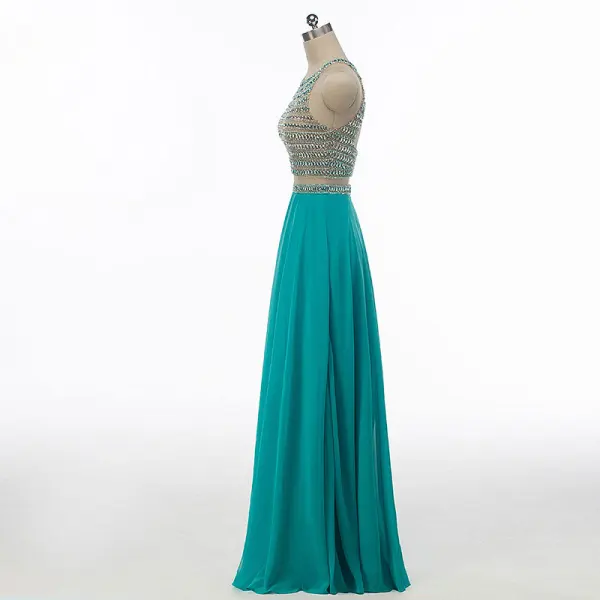 Sparkly Rhinestone Prom Dresses 2017 A-Line / Princess Scoop Neck Sleeveless Heart-shaped Backless Beading Sequins Jade Green Chiffon Floor-Length / Long Formal Dresses