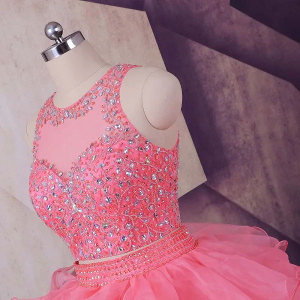 Vintage Watermelon Prom Dresses 2017 Ball Gown Scoop Neck Sleeveless Beading Rhinestone Sequins Cascading Ruffles Organza Formal Dresses Court Train