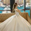 Chinese style Satin Wedding Dresses 2017 A-Line / Princess Backless High Neck Short Sleeve Appliques White Lace