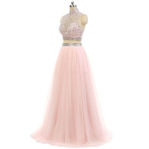 Scintillantes 2 Pièces Rose Bonbon Robe De Bal 2017 Princesse Col Haut Sans Manches Perlage Faux Diamant Tulle Robe De Ceremonie Train De Balayage