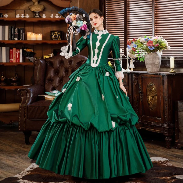 Vintage / Retro Antique Dark Green Ball Gown Evening Dresses  2021 3D Lace Beading Pearl Flower Floor-Length / Long Long Sleeve Scoop Neck Cosplay Dancing Prom Dresses Winter Formal Dresses