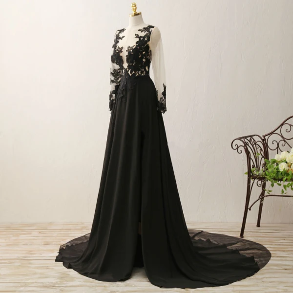 Stunning Pierced Black Evening Dresses 2017 A-Line / Princess Scoop Neck Long Sleeve Appliques Lace Chiffon Formal Dresses Chapel Train