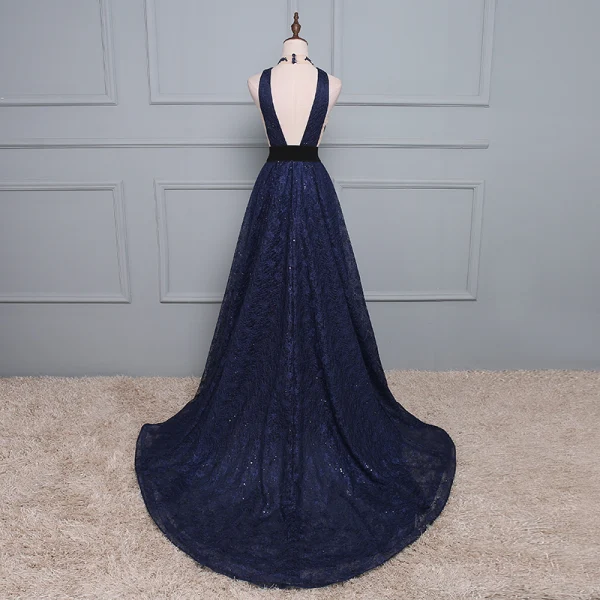 Sexy Bleu Marine Robe De Soirée 2017 Princesse V-Cou Sans Manches Paillettes Ceinture Dos Nu Robe De Ceremonie