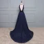 Sexy Bleu Marine Robe De Soirée 2017 Princesse V-Cou Sans Manches Paillettes Ceinture Dos Nu Robe De Ceremonie