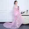 Schöne Pink Abendkleider 2017 Empire V-Ausschnitt Spitze Knöchelriemen Rückenfreies Durchbohrt Abend Unique Festliche Kleider