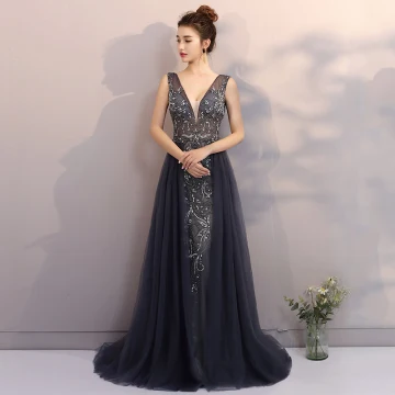Luxury Gorgeous Navy Blue Evening Dresses 2017 A Line Princess V Neck Lace Handmade Rhinestone Beading Appliques Backless Evening Party Formal Dresses