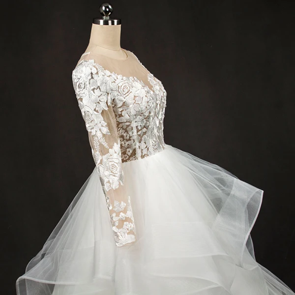 Stunning White Wedding Dresses 2017 Scoop Neck Long Sleeve Backless Pierced Lace Pleated Organza Floor-Length / Long Ball Gown
