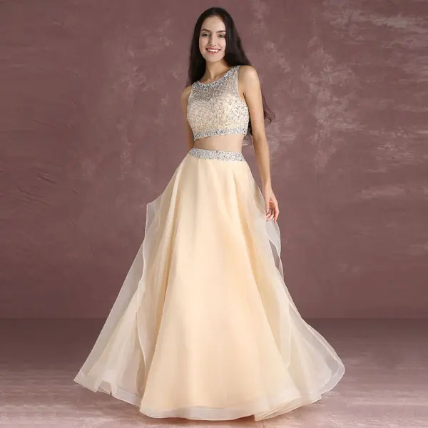 Bling Bling 2 Piece Nude Prom Dresses 2017 A-Line / Princess Scoop Neck Sleeveless Ruffle Organza Beading Sequins Floor-Length / Long Formal Dresses